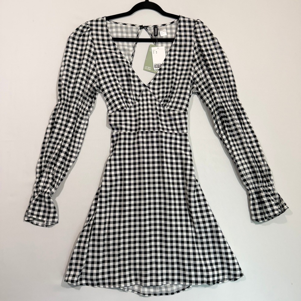 H&M Divided Womens M Black Gingham Mini Dress Open Tie Back NWT Cottagecore